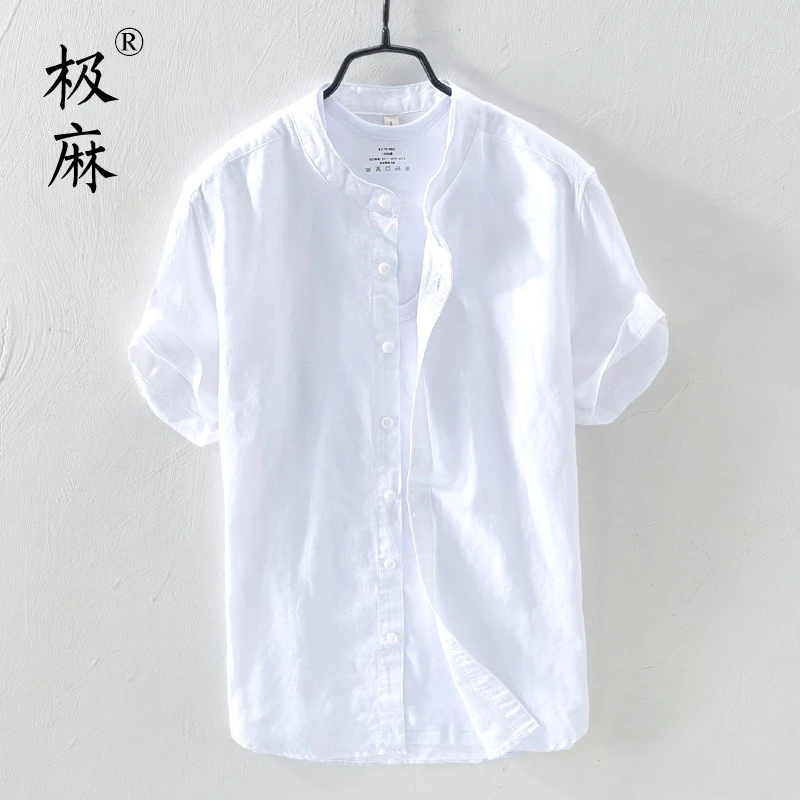 

Japanese Sle Cotton Linen ort Sve irt Men's Summer Casual Loose Artistic Neutral Linen Material irt Stand Collar