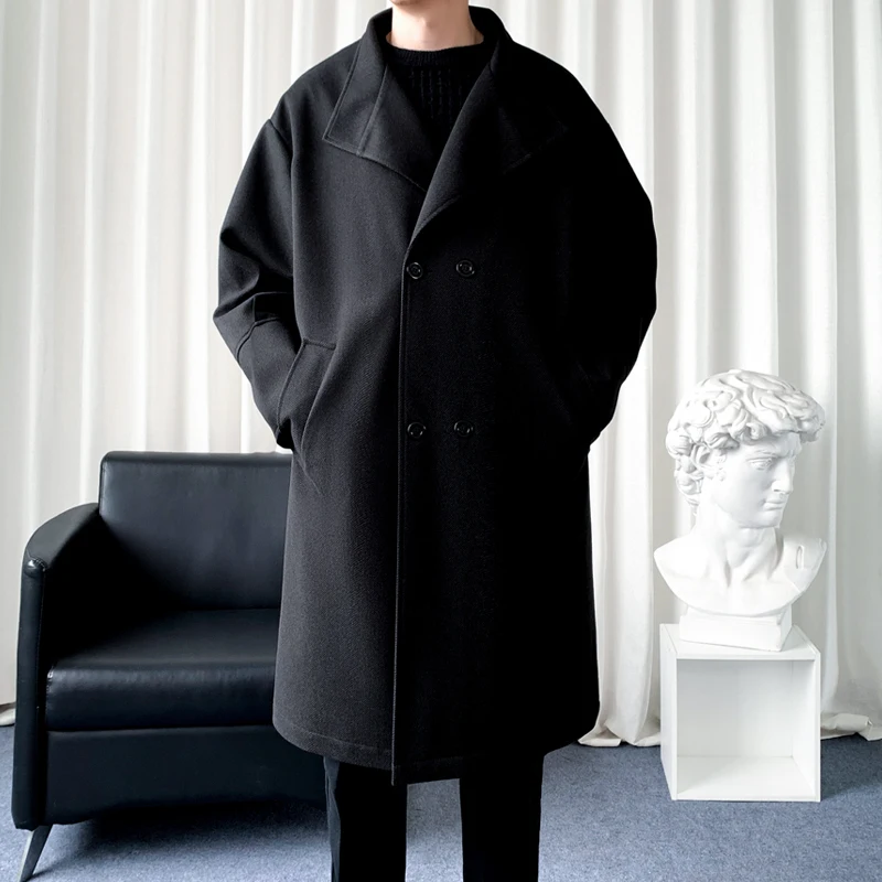 Korean Trend Men's Lapel coat Loose  Casual Double-breasted Overcoat Autumn Winter Fashion New Long Sleeve Woolen Coat