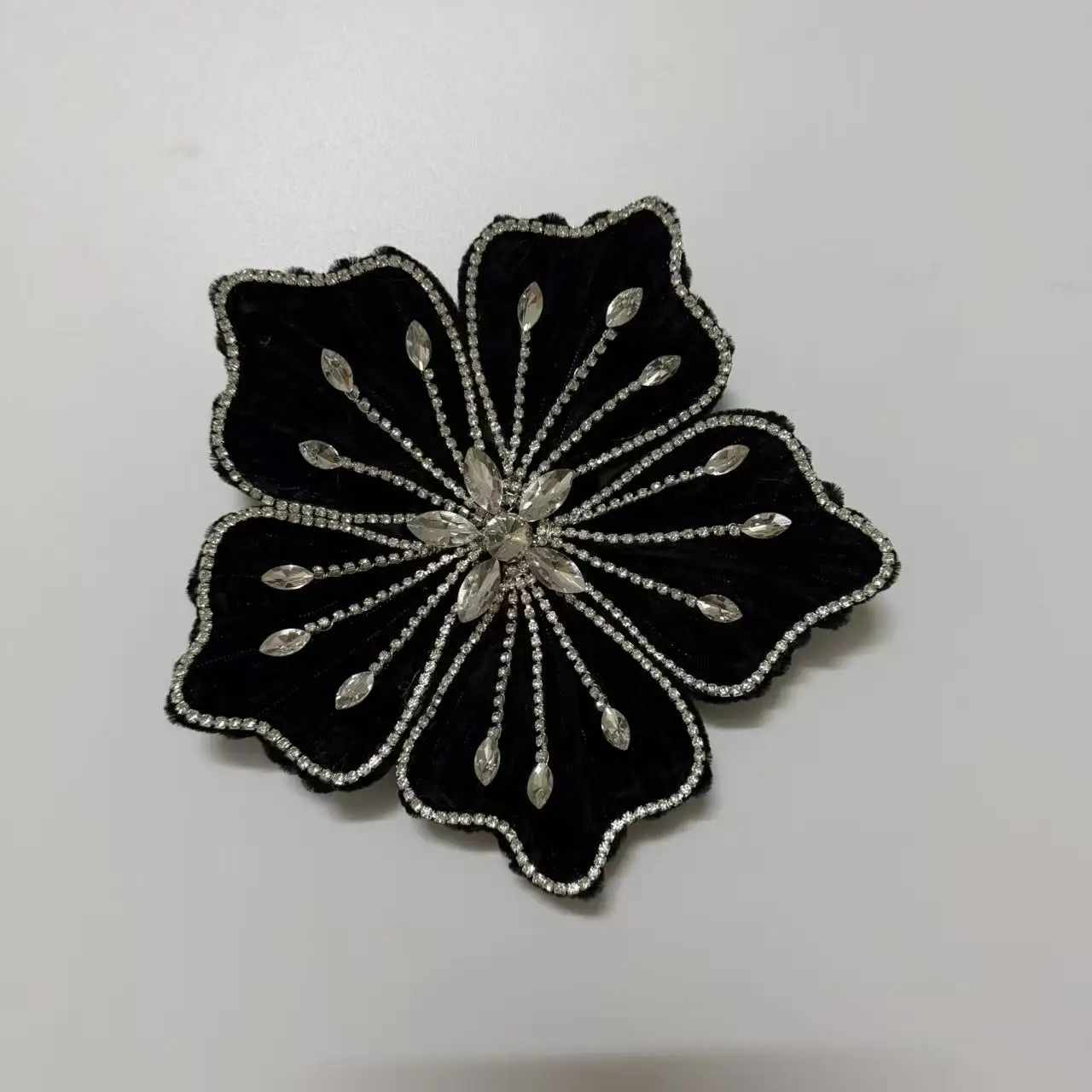 Black 3D Flower Applique, Sparkly Rhinestone Beaded Floral Patch, Embellishment for Dress Costume DIY Sewing Decor Accessory