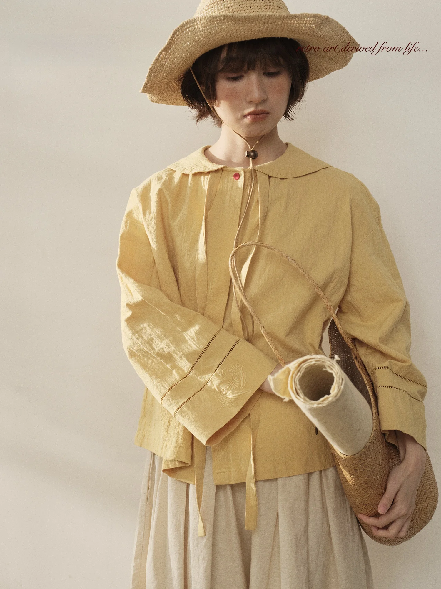 

TONGTIONG Japanese Sle Loose Long Sve irt Women's Spring Slim Design Sense Navy Collar Bow Tie Cotton Linen Blouse