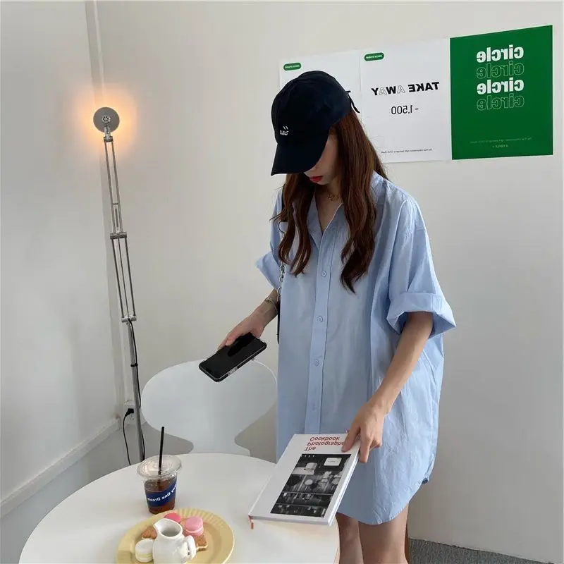 

Korean Style Loose Fit Collared Short Sleeve Slimming Thin Summer Versatile Blouse Top Fashion Casual Wear Trendy Beach