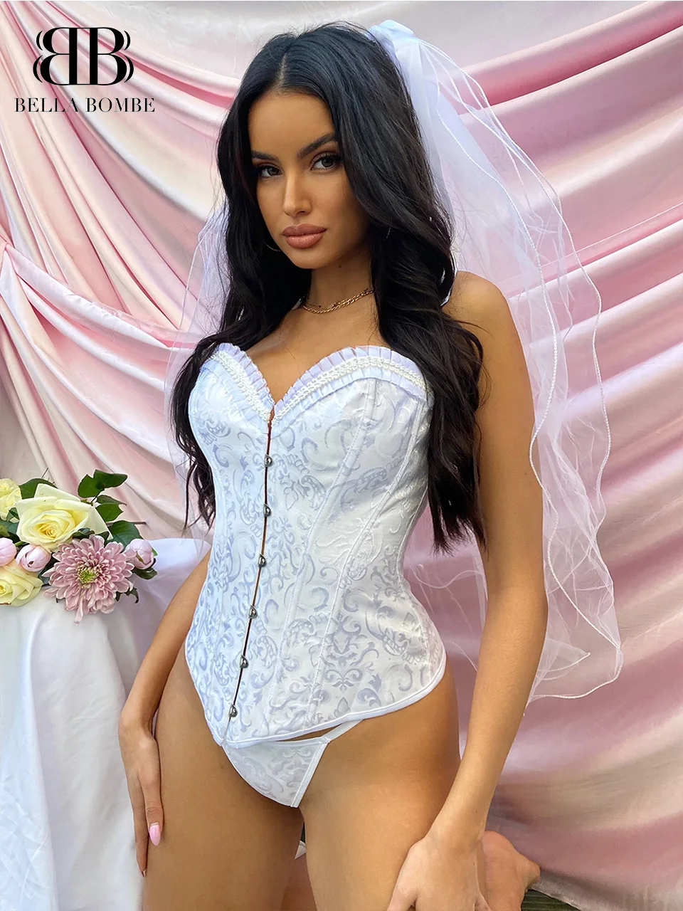 

BELLA BOMBE Sexy Lace Floral Women Bustier Corsets Lingerie Vintage Lace Up Back Satin Corset With Thong NK04