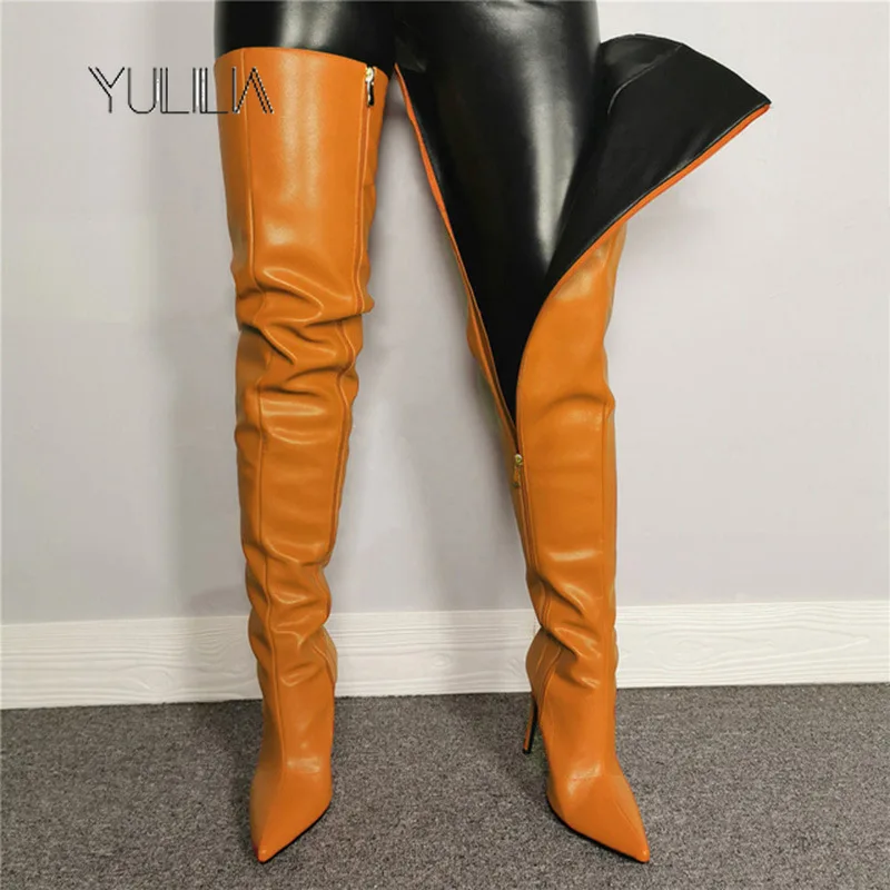 

YULILIA patent leather sexy pole dance high boots pointed side zipper high heel large size women's nightclub over knee boots