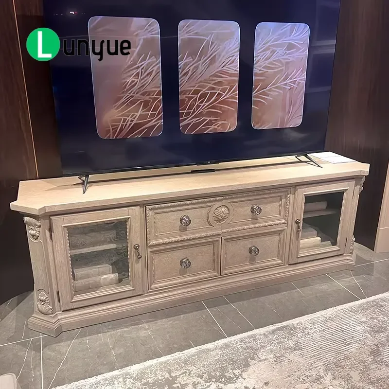 Hand Carved Oak TV Stand Vintage French American Style Fireplace Cabinet Living Room Furniture Premium