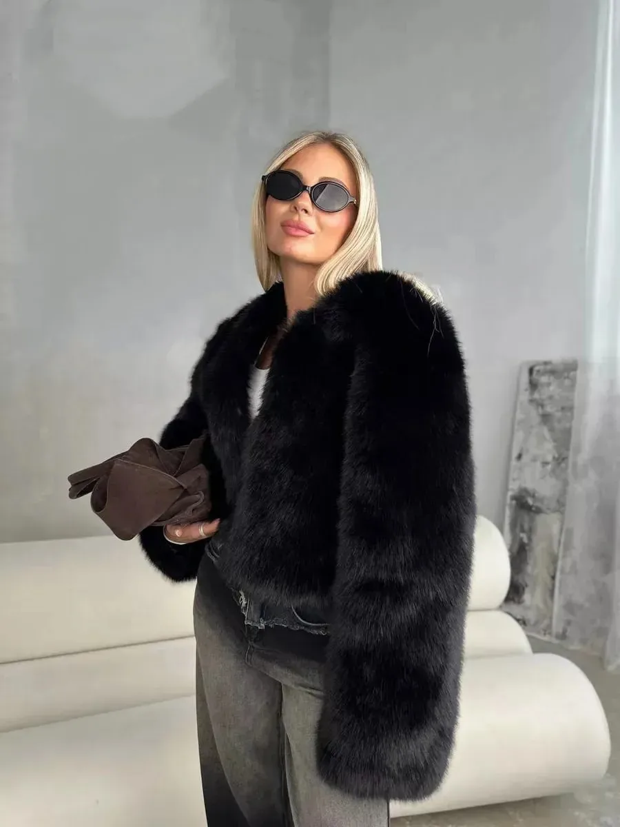 Women Faux Fur Coats Solid Short Jackets Long Sleeve Round Neck Open Stitch Thick Straight Fit Elegant Casual 2026 Autumn Winter