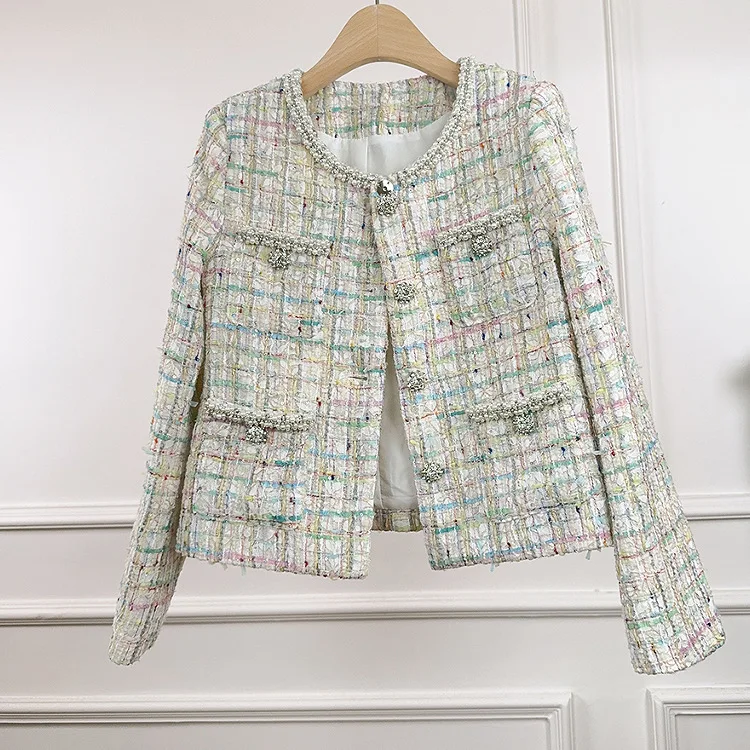 Colorful plaid coarse woolen coat 2026 new spring and autumn style small fragrance temperament pearl collar top