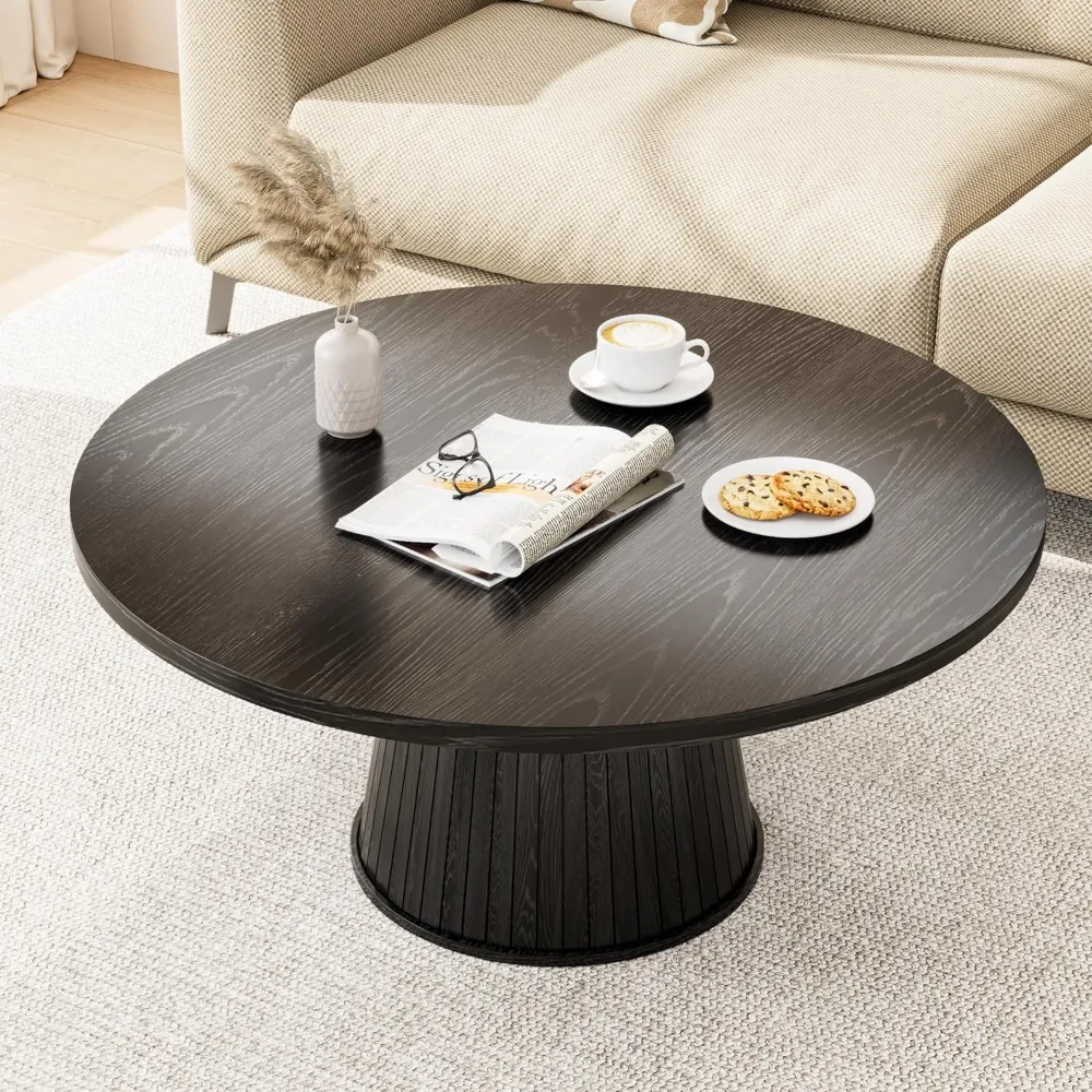 Rustic Mid-Century Modern Round Coffee Table with Fluted Center, 31.5 for Living Room