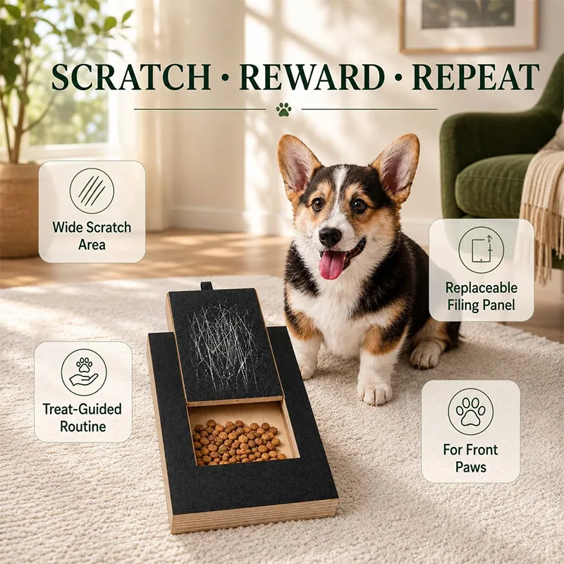 Playnails Dog Nail Scratch Board with Treat Drawer for Reward-Based Filing Durable Wooden Nail Filing Board Interactive Toy