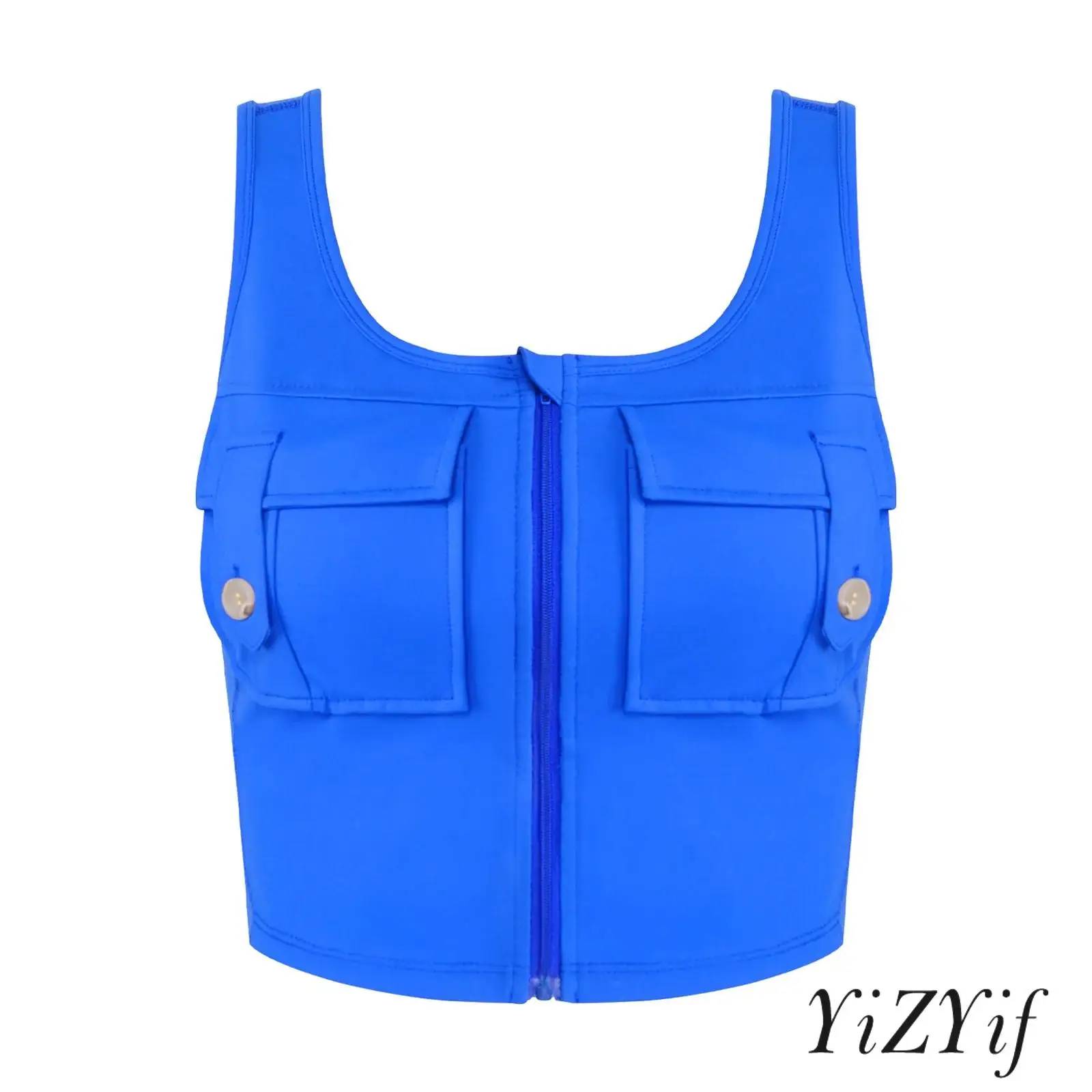 

Womens Yoga Tank Tops U Neck Sleeveless Zip-Up Crop Top Flap Pockets Workout Athletic Vest for Fitness Sports Gym Training