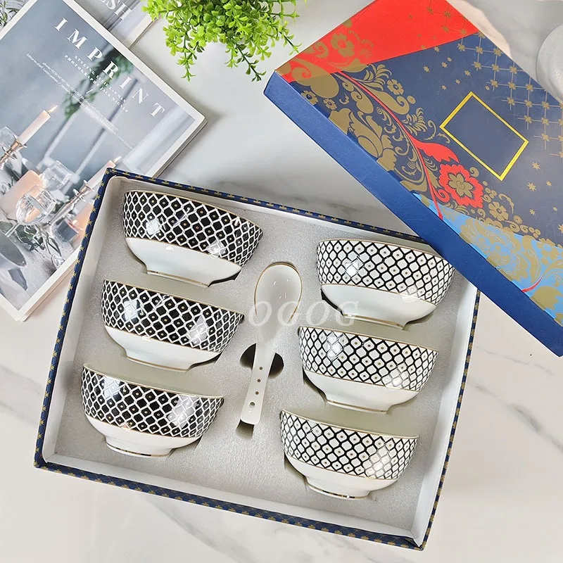 

Black Septagram Bone China Rice Bowl and Spoon Set Luxury High-Appearance Tableware for Restaurant and Home Use