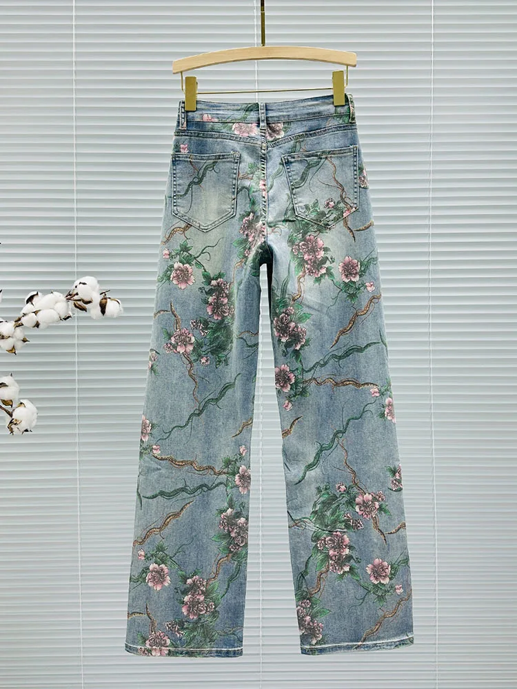 Printed hot diamond floor mopping jeans for women's pants trend new high waist slim wide leg pants for spring and summer 2024