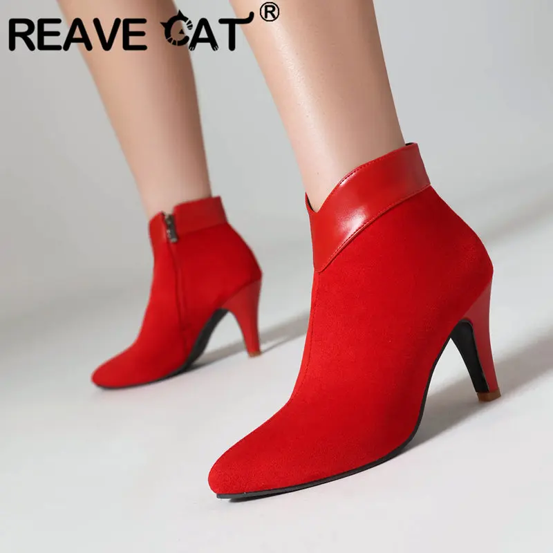 REAVE CAT Size 46 47 Women Ankle Boots Flock Suede High Heels 8.5cm Autumn Elegant Daily Bota Pointed Toe 33