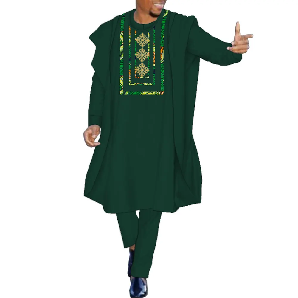 Men Suits Traditional African Clothing 3 Pieces Set Men Blouse Gown Pants African Print Patchwork Solid Color Pants Set WYN1255