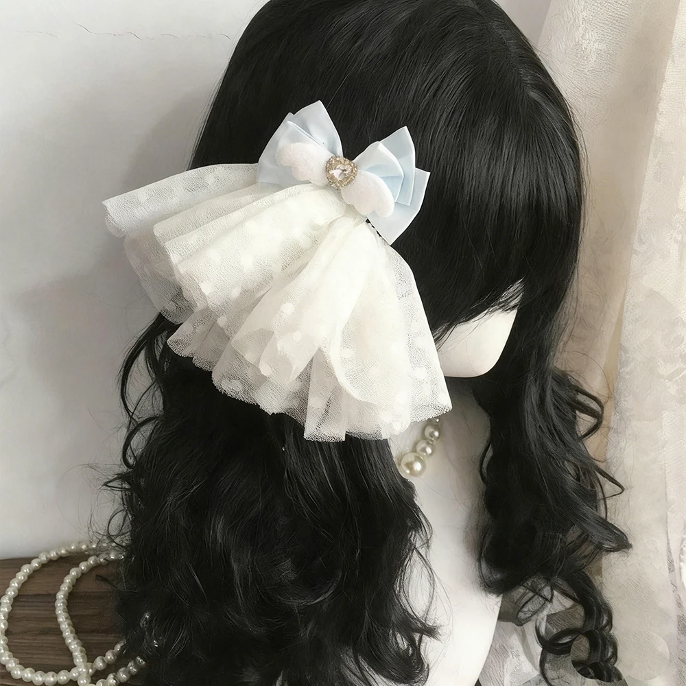 Handmade Lolita French Lace Bow Hair Clip Thickened White Tulle Ruffled Hairpin Rhinestone Hairwear Cute Girls' Hair Accessory