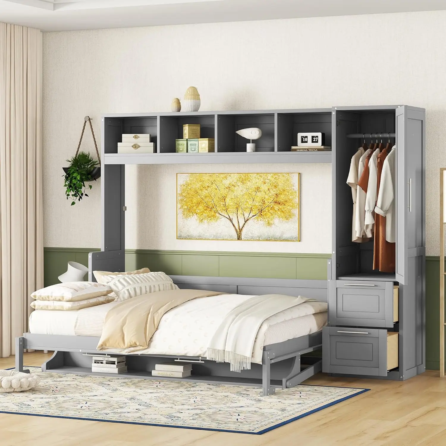 Queen Size Murphy Bed Wall Bed with Closet and Drawers, Foldable Platform Bed Folded into Cabinet Muti-Functional Designed