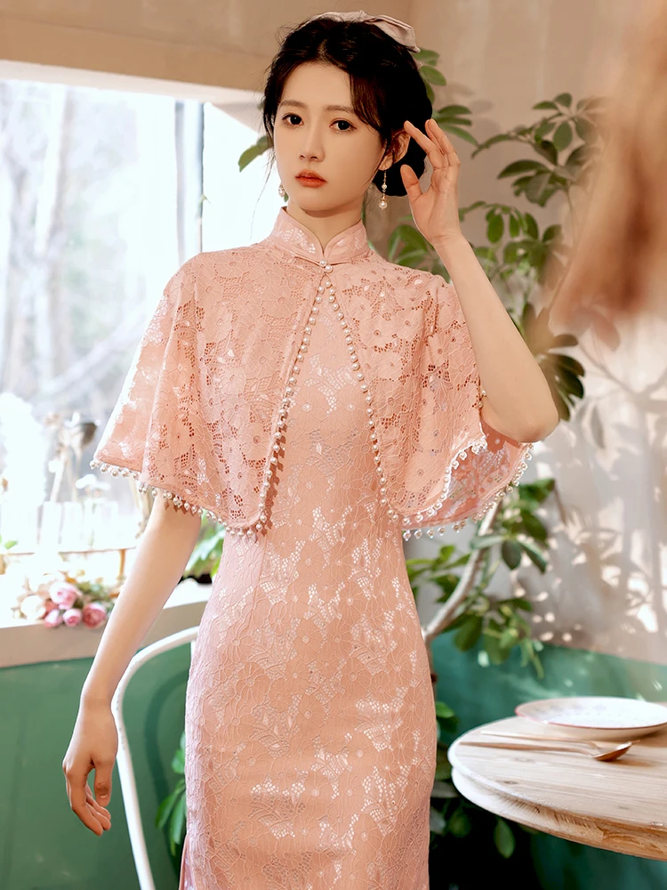 

Pink Girl's Two-Piece High-End Skirt Modern Style New Modified Lace Cheongsam Bone-Cut Elegant Young