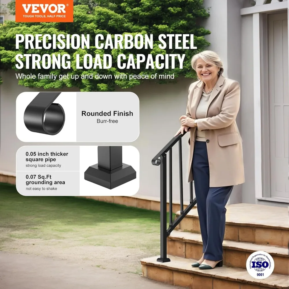 Handrails for Outdoor Steps, 2-3 Step Stair Hand Rail Kit, Transitional Carbon Steel Railings with Installation Kit, Stair Rails