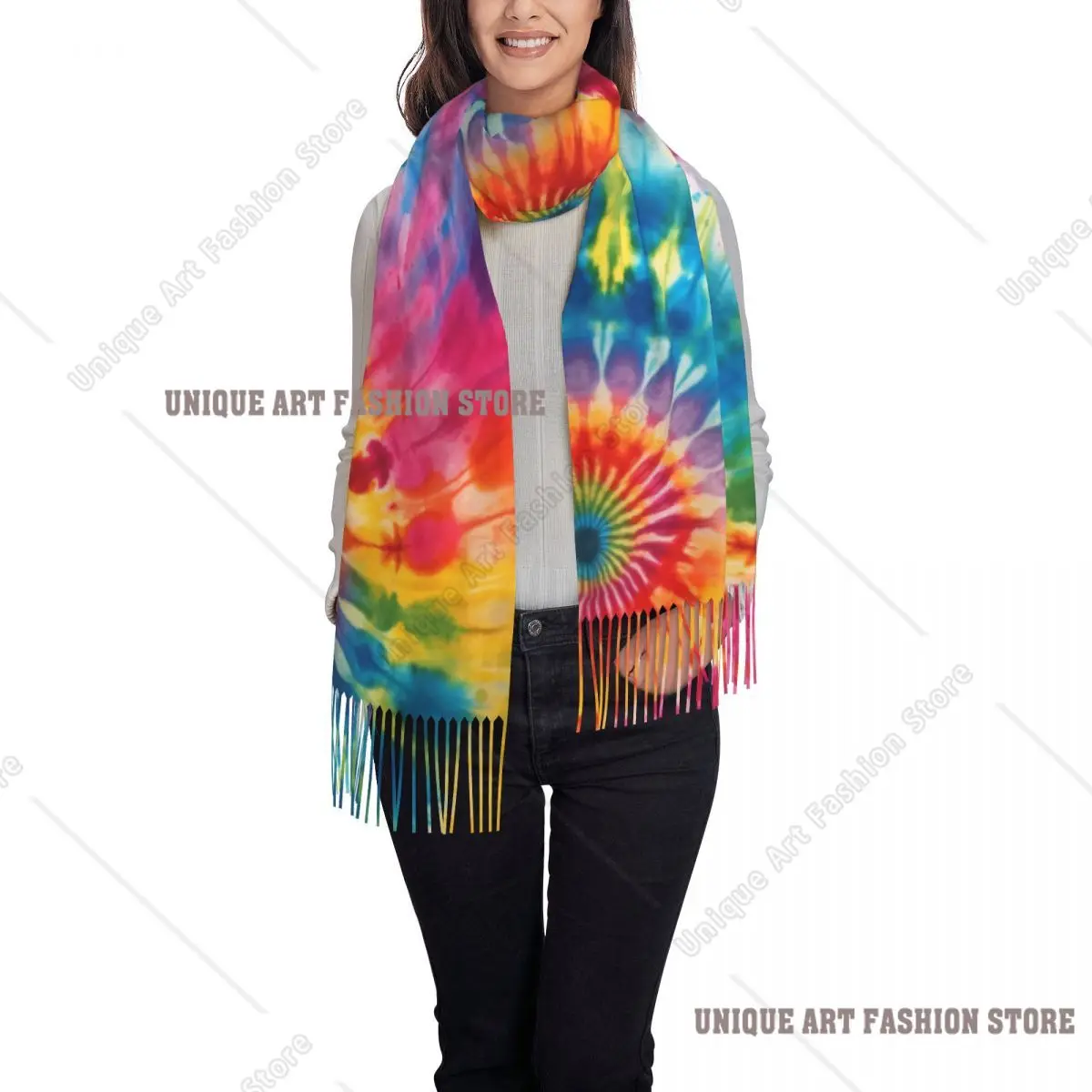 Custom Lady Long Tie Dye Scarves Women Winter Fall Thick Warm Tassel Shawl Wrap Rainbow Color Scarf