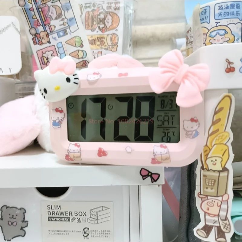 Cute Hello Kitty Alarm Clock Anime Sanrio Noctilucent Alarms Clocks Cartoon Kawaii Dormitory Clocks Desktop Decoration Kids Gift