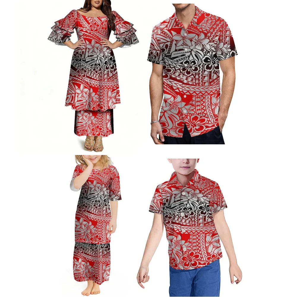 

High-Quality Customizable Wholesale Polynesian Women'S And Girls' Puletasi Dress Men'S And Boys' Short-Sleeved Shirts
