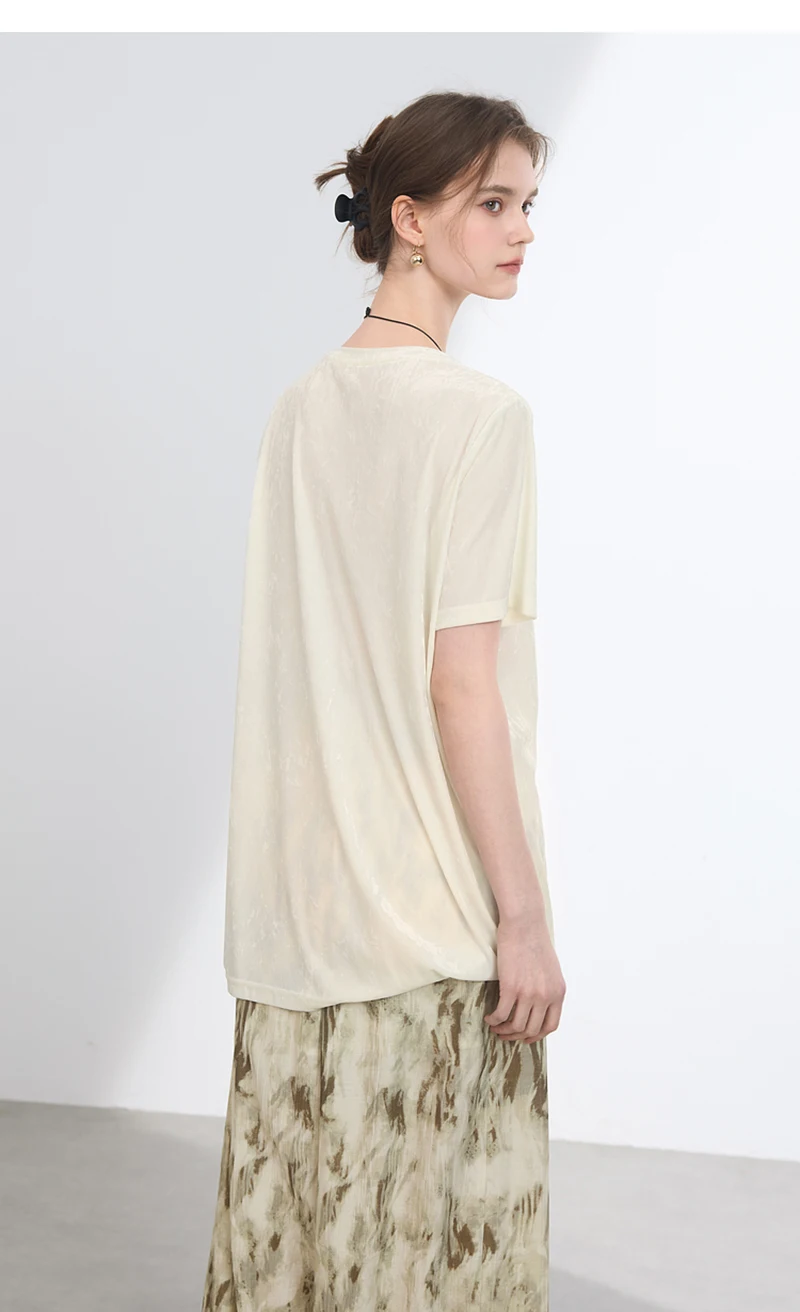 Camiseta de terciopelo de seda de morera para mujer, jerseys de cuello redondo de manga corta, Simple y elegante, ropa de lujo ligera, cómoda