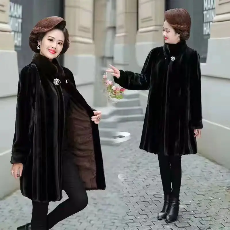 New Women's Faux Fur Coat Stand Collar Mid Length Long Sleeve Stylish Slim Fit Comfortable Trendy Versatile Commuter Casual Coat