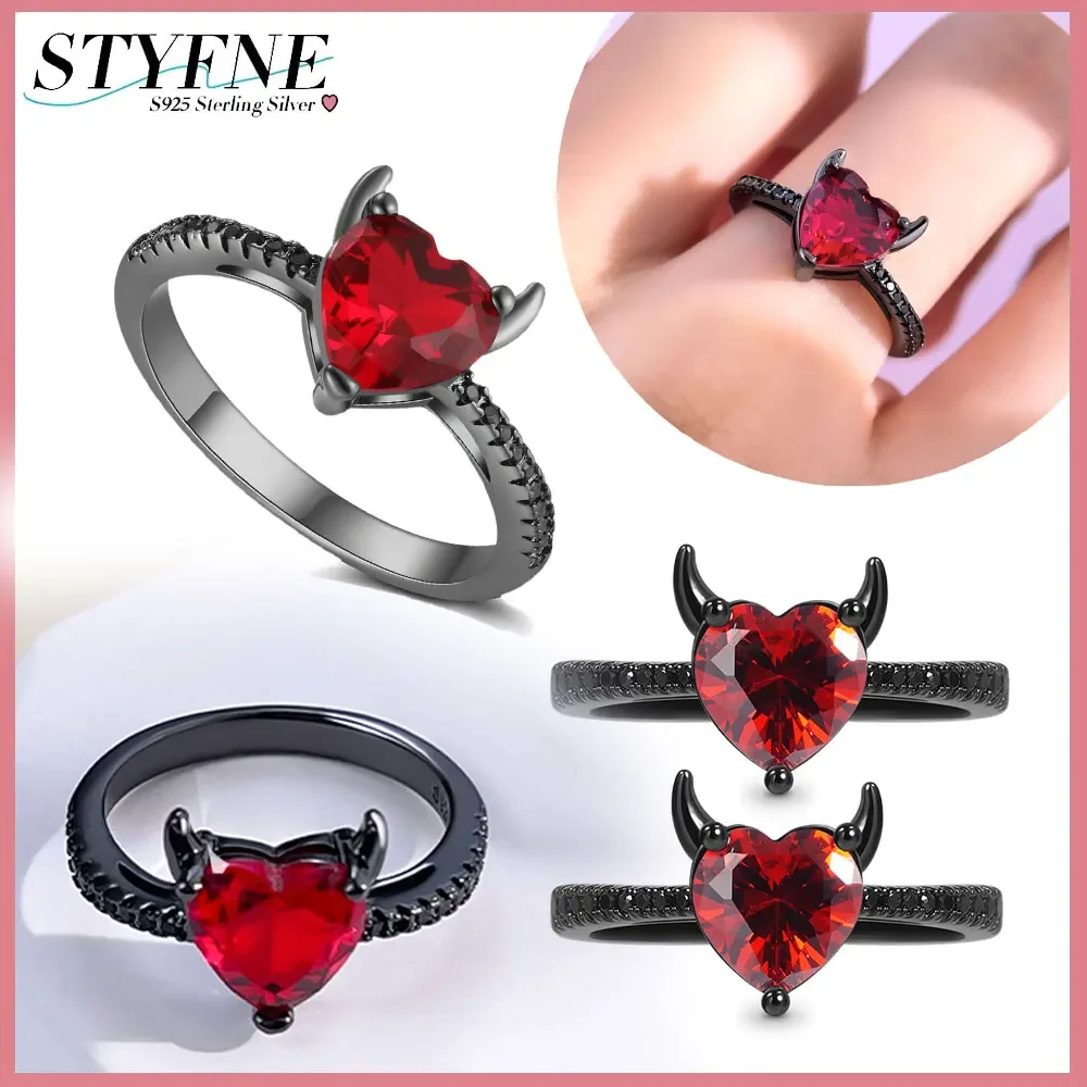 925 Sterling Silver Red Love Black Zircon Devil Original Ring for Women Friendship Wedding Anniversary Simple Jewelry Gift