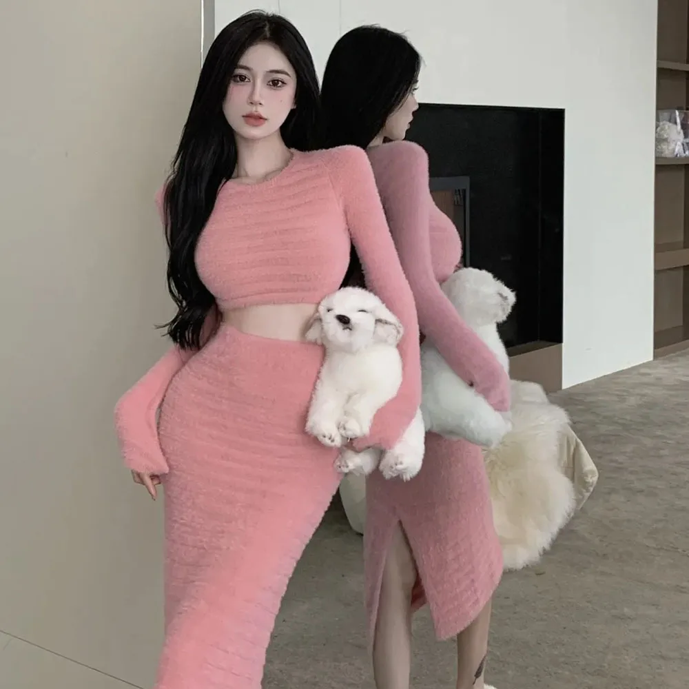 

Autumn Winter Women Slim Crop Top Pullover + High Waist Bag Hip Long Skirt Ladies Solid Sweater Set Sweet Soft Mohair Skirt Suit