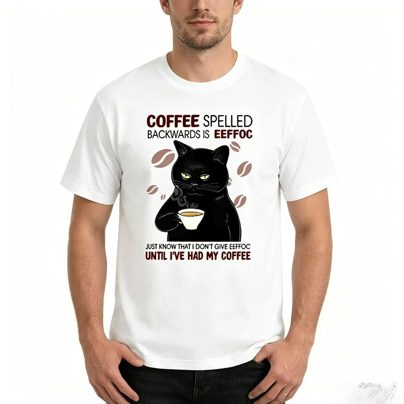 Men's Funny Cat Coffee T-shirt, 'Coffee Spelled Backwards is Eeffoc' Print Casual Tee, Black and White Options