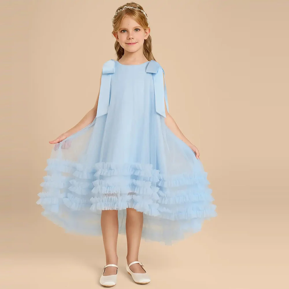 Customized Baby Blue Tiered Ruffles Tulle Flower Girl Dresses Bow Straps A-Line First Communion Ball Birthday Party Gowns
