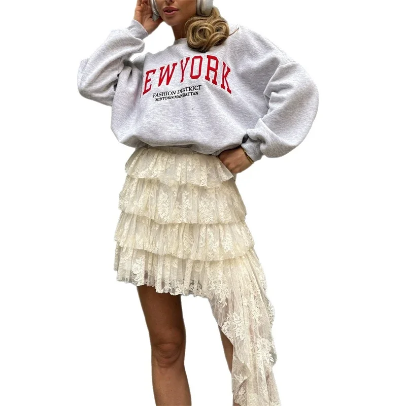 Lace Skirt Women High Waist Irregular Hem Layered Tulle Mini Skirt Spring Autumn Casual Party Wear Y2k Fashion Trendy Sheer