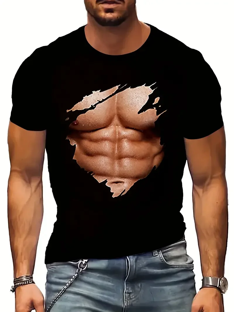 3D Digital Muscular Male Body Pattern Crew Neck And Short Sleeve T-shirt Novel And Stylish Summer Tops For Outdoors Casual Tops image 5