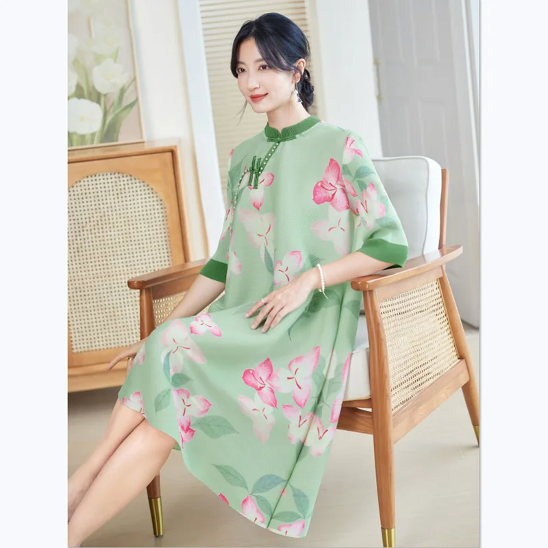 Women Dress Vintage Style Spring and Autumn Fashion Printed Three Quarter Sleeve Stretch Miyake Pleated Loose A Line Clothing