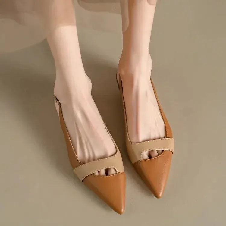 New Color Blocking Hollow Pointed Toe Breathable Casual Sandals Fashion Low Heels New Elegant Comfortable Shoes 2025