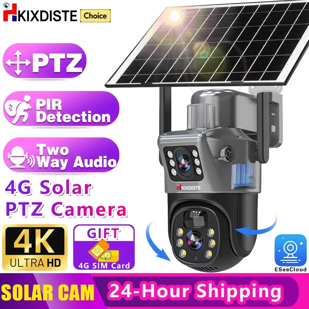 4K Free Gift 4G SIM Card Dual Lens Solar Cameras 8MP Wireless Surveillance PTZ Battery Camera Color Night Vision PIR Detection