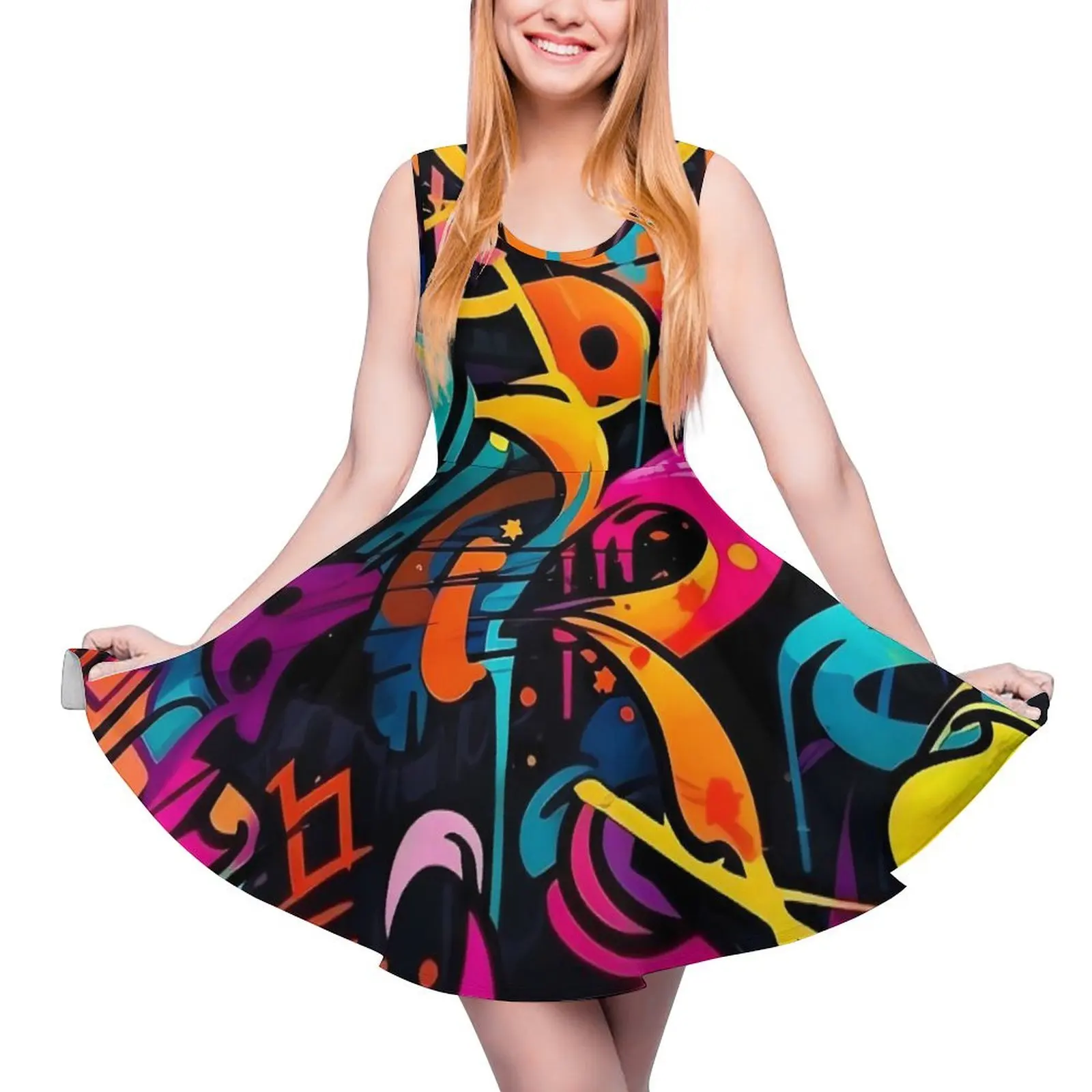 Colorful Graffiti Dress Sleeveless Abstract Art Street Style Dresses Spring Ladies Oversized Beach Design Skate Dress