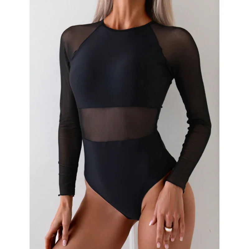 New backless mesh splicing swimsuit for women, sexy three-piece bikini beach one-piece swimsuit