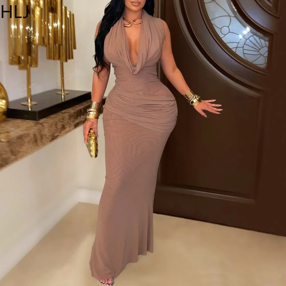 

HLJ Elegant Ruched Patchwork Bodycon Dresses Women Deep V-neck Sleeveless Backless Dress Female Party Clubwear Vestidos 2025 New