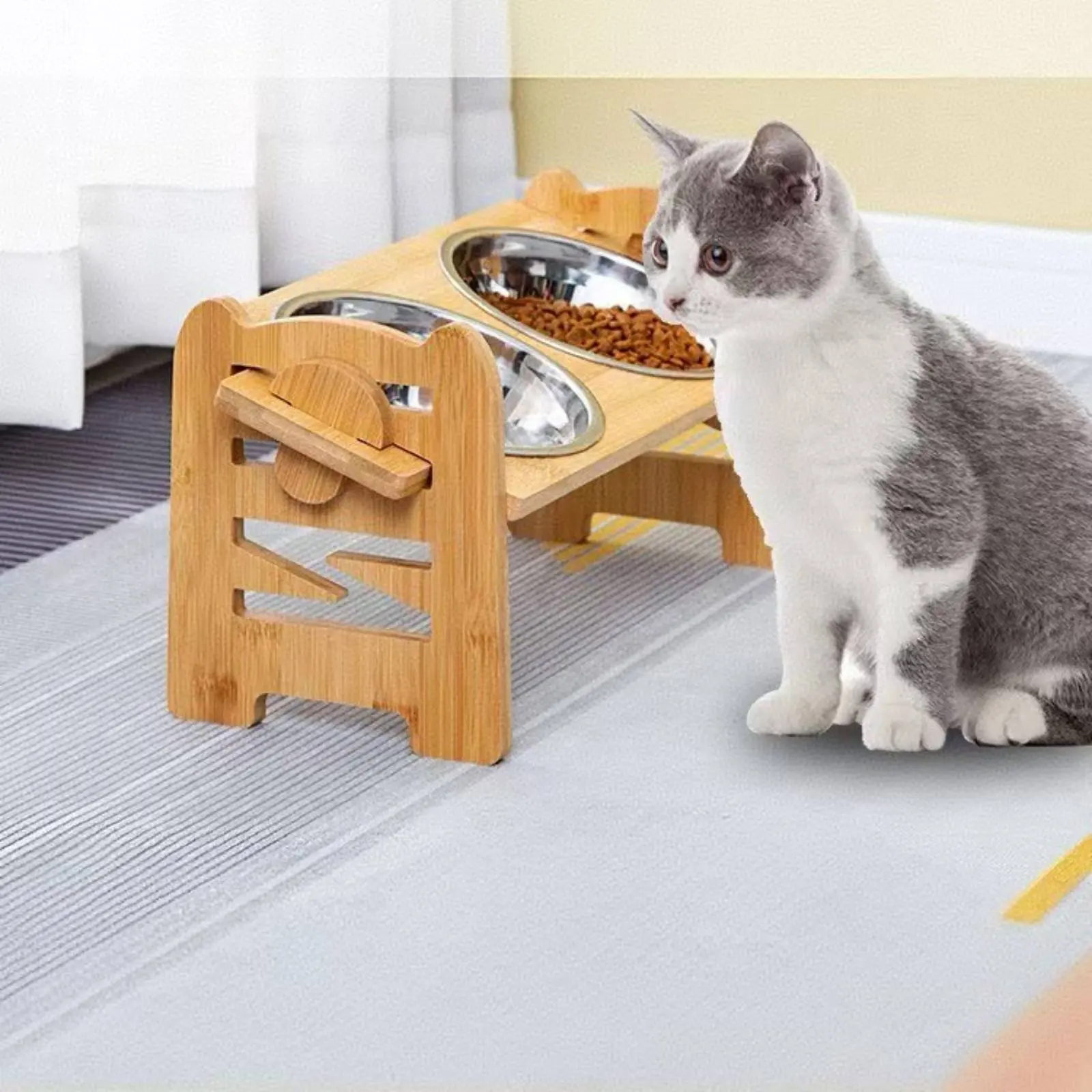 

Double Bowl Wooden Feeder Neck Protection Elevated Dog Bowl Stand Raised Cat Food and Water Station for Felines