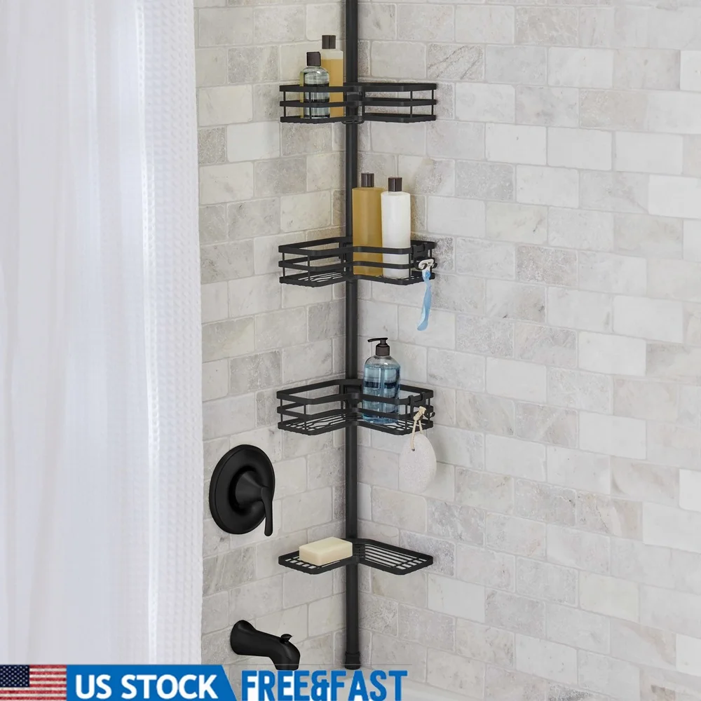 

Натяжной столб для душа, устойчивый к ржавчине, 3-х уровневые регулируемые корзины для хранения, перевернутый держатель для бутылок, крючки, мыльница от 5 до 9 футов