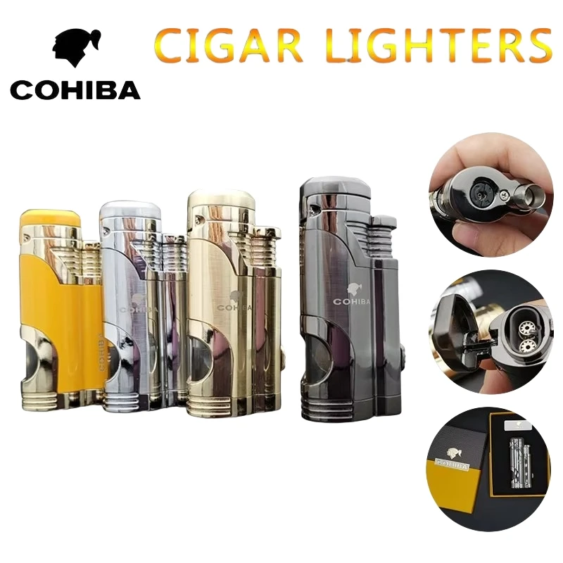 COHIBA Cigar Specific Double Direct Spray Inflatable Lighter With Cigar Scissors Metal Windproof Lighter High-End Gift