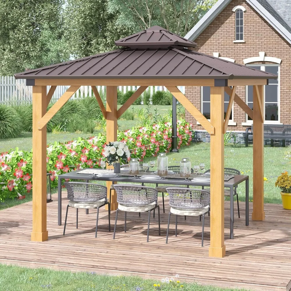 10' x 10' Hardtop Gazebo with Galvanized Steel Double Roof, Wooden Frame, Permanent Pavilion with Ceiling Light Hook,