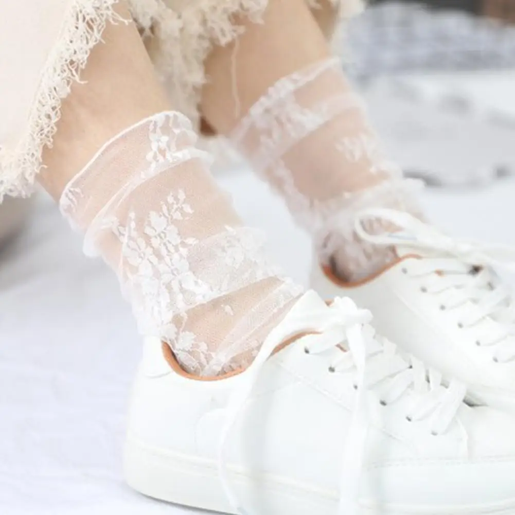 Simple Floral Lace Socks Women Tulle Socks Spring Summer Fashion Thin Mesh Socks Socks Chiffon Lace Up Transparent I5K0