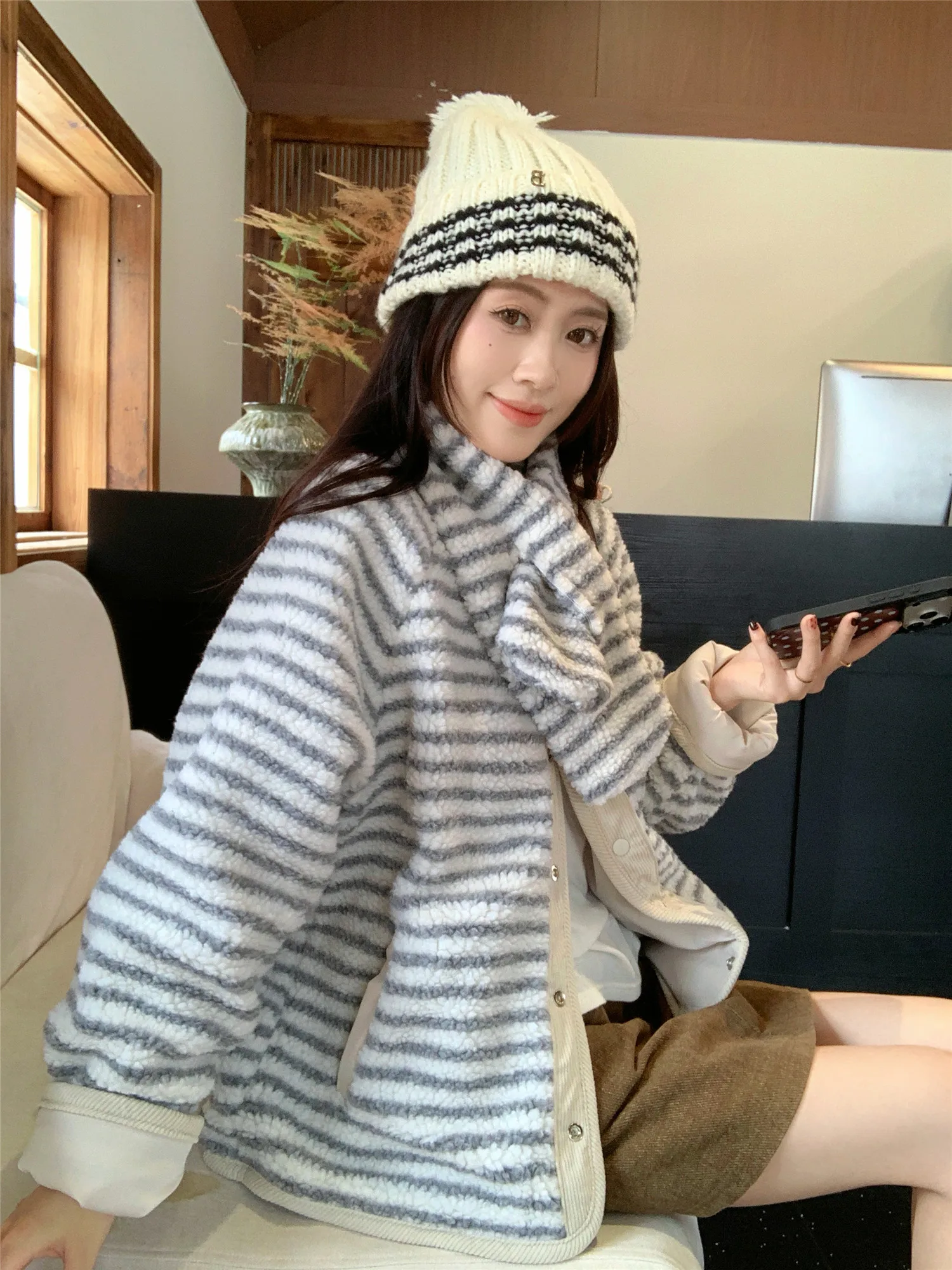 Korean Sweet Two Side Wear Padded Jacket Women Fleece Lined Thick Warm Parkas Woman Lazy Style Stripe Scarf Winter Jackets