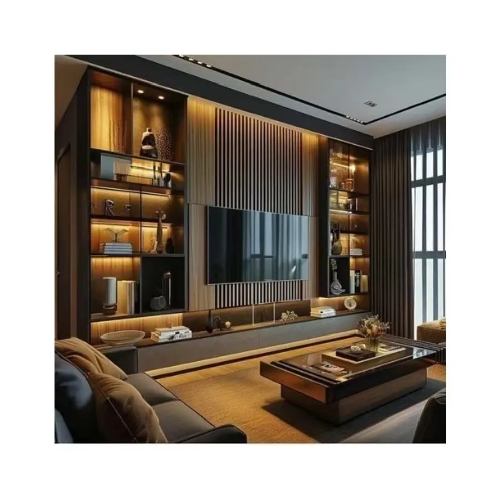 Custom Matt Modern Living Room Designs Cabinets Storage Wood Grain Veneer TV Wall Cabinet Cupboard