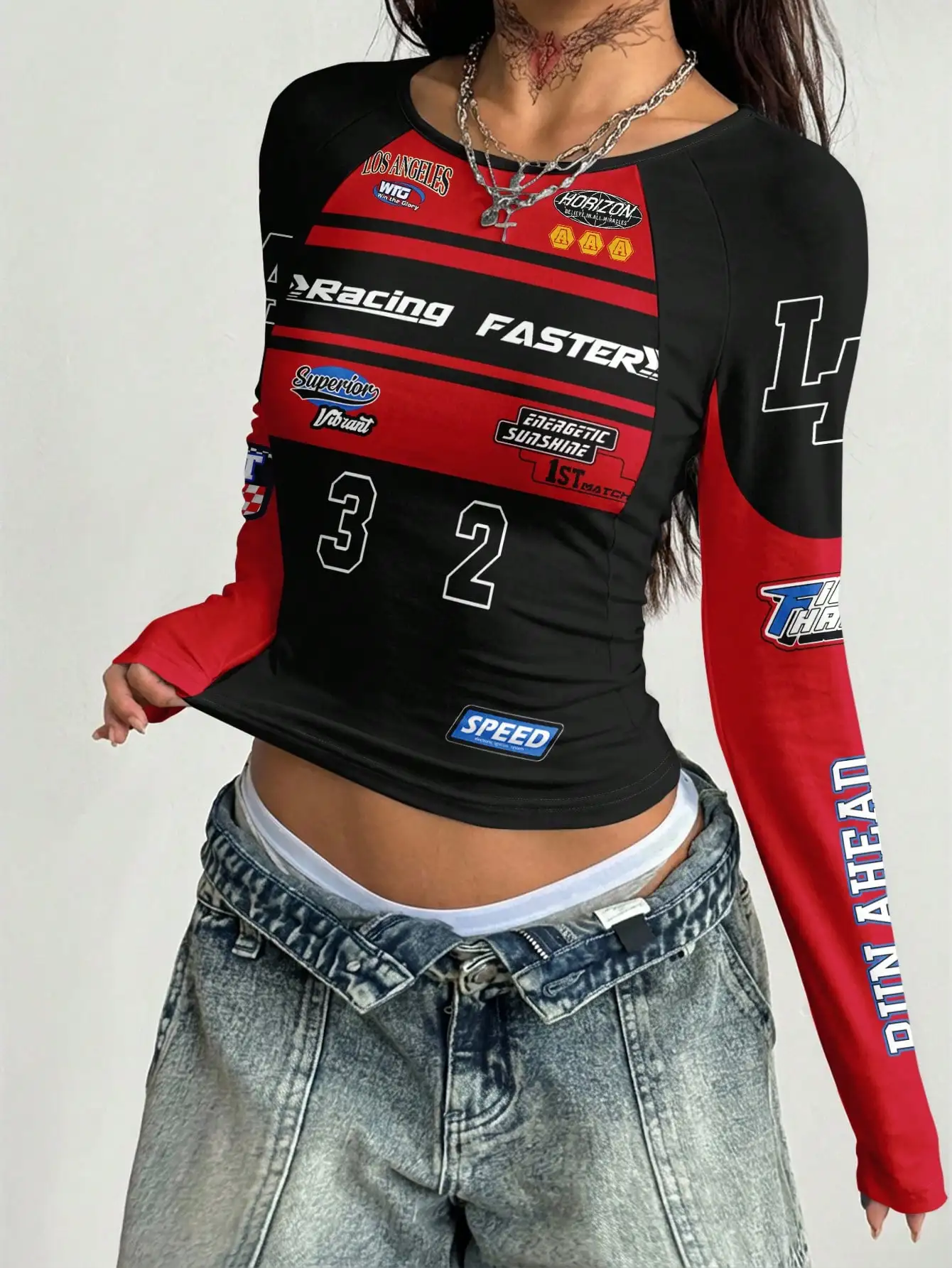 Racing Motorcycle Graphic Print Raglan Sleeve T-Shirt Streetwear City Break Numeric Number English Letter Tops Family Matching