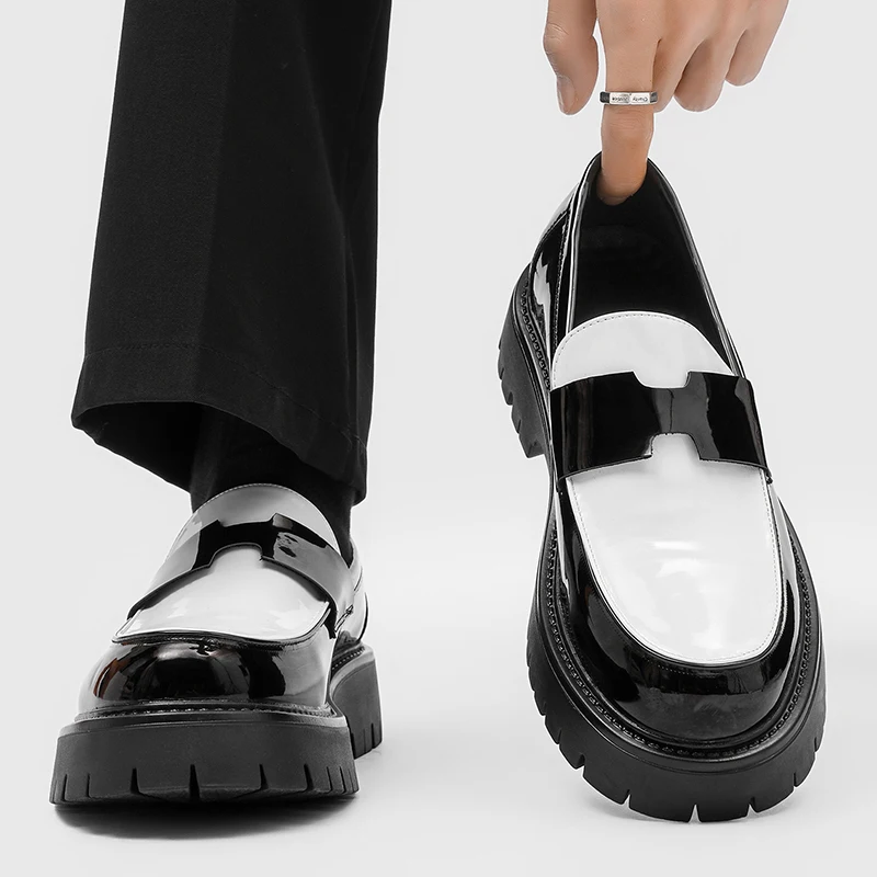 Men Thick Soled Loafers with Horizontal Decorative Color Blocking Lazy Height Increasing Commuting Retro Casual Shoes
