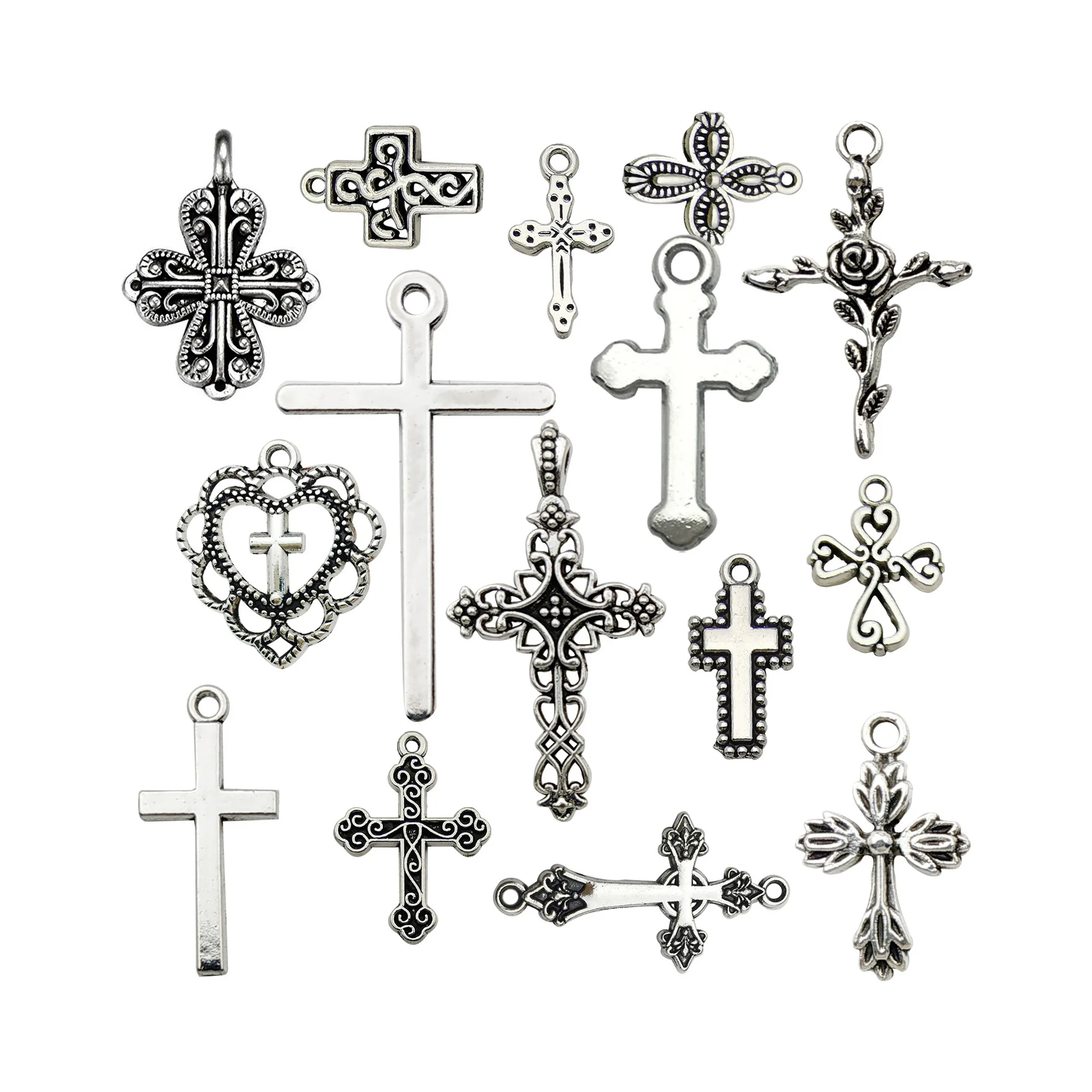 Mixed 15pcs Vintage Cross Charm Zinc Alloy Crosses Pendant Religious Faith Charms for Earrings Necklace Jewelry Findings Making