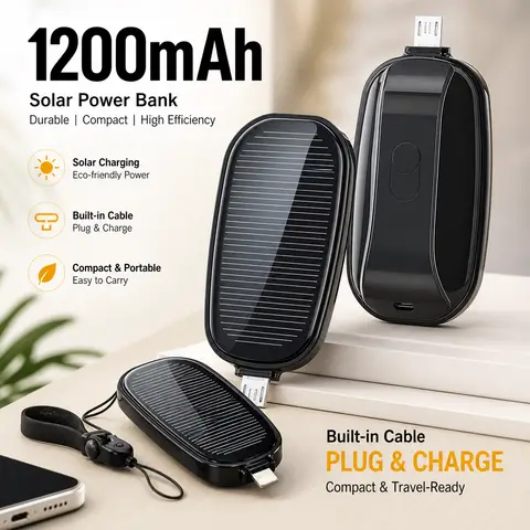 1200mAh Mini Power Bank Keychain Portable Charger Solar External Battery for Outdoor Camping Mobile Phone Devices