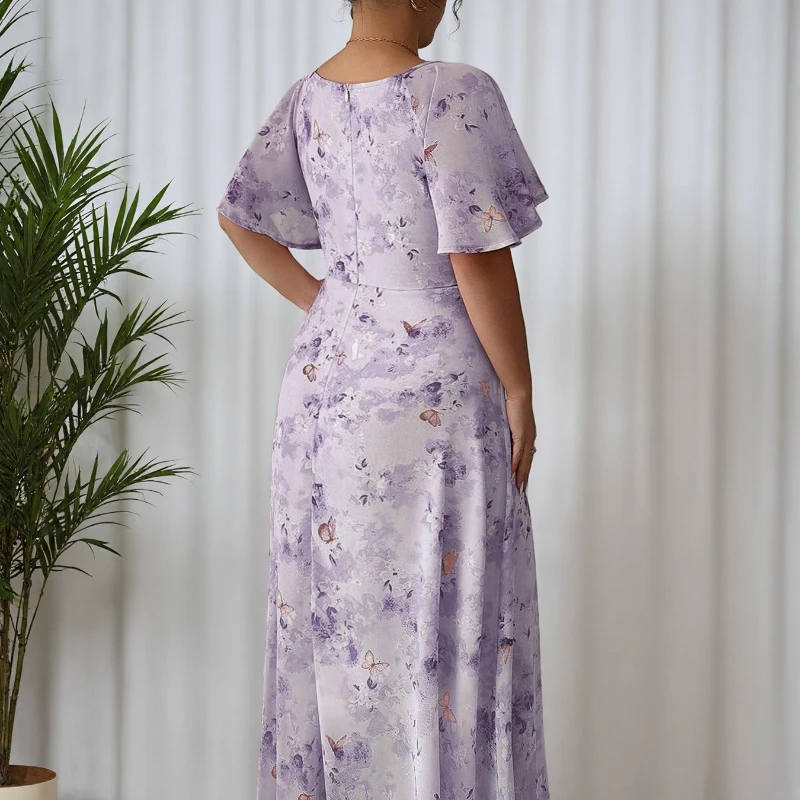 Plus Size Elegant Women's Summer Casual Floral Print Short Sleeve Long Dress Large Size Boho Square Collar Party Maxi Dresses
